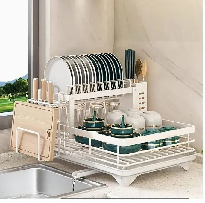 Double-tier extendable dish drainer, suitable for kitchen worktops as a large-capacity utensil rack and draining board.
