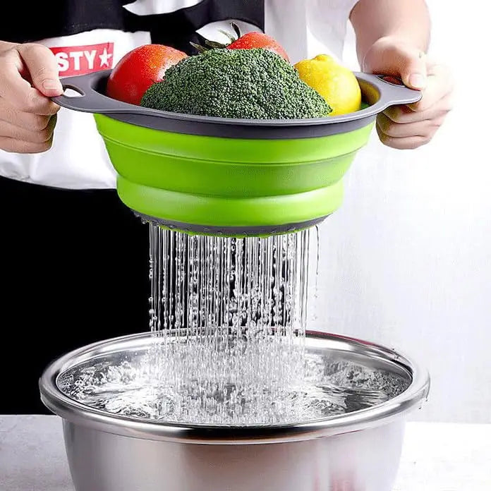 Collapsible Silicone Colander – Space-Saving Strainer for Pasta, Fruits & Vegetables (Green)