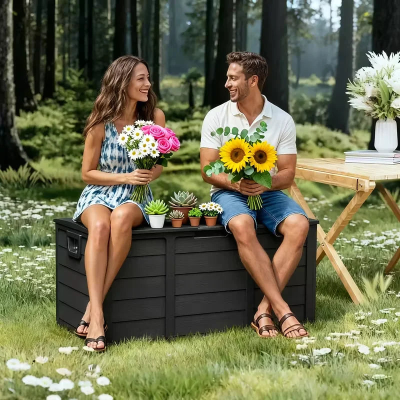 75 Gallon Large Outdoor Deck Box with Lockable Lid & Heavy-Duty Hinged Door - White/Green Heavy-Duty Plastic Storage Container,