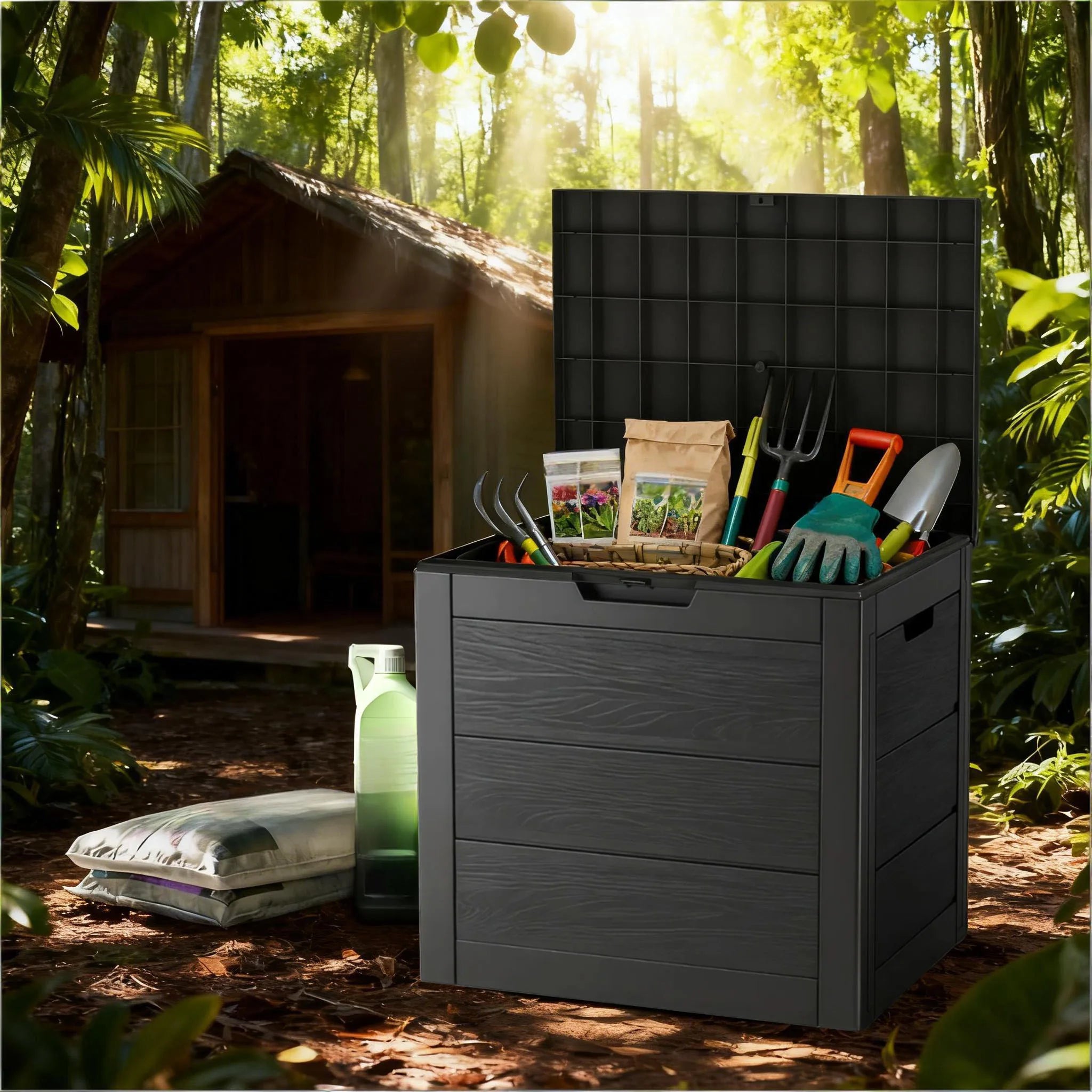 75 Gallon Large Outdoor Deck Box with Lockable Lid & Heavy-Duty Hinged Door - White/Green Heavy-Duty Plastic Storage Container,