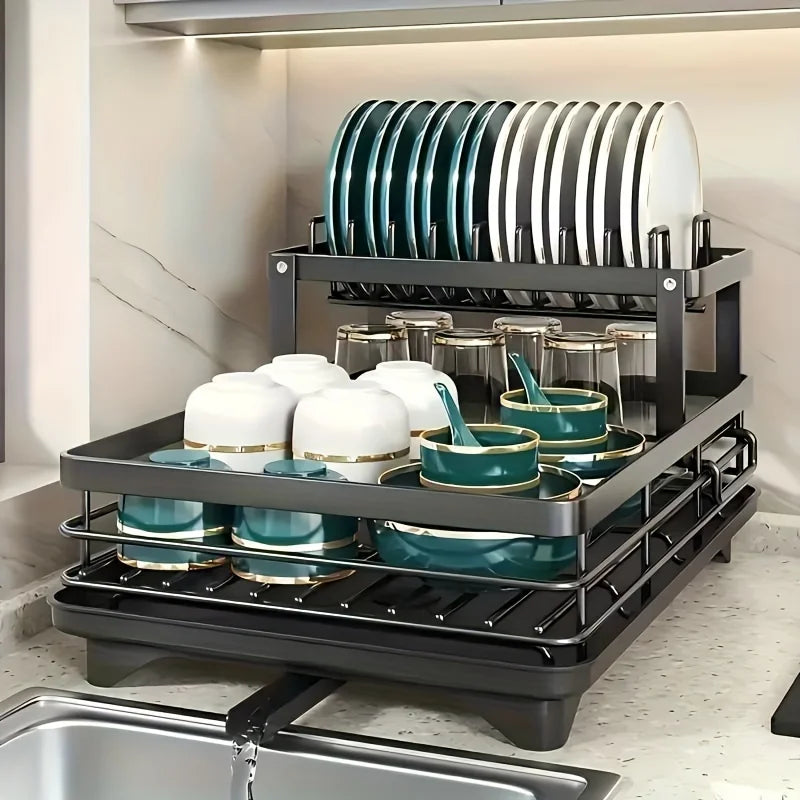 Double-tier extendable dish drainer, suitable for kitchen worktops as a large-capacity utensil rack and draining board.